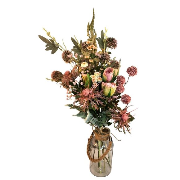 Artificial Wildflower Bouquet Roses, Thistles & Wild Blooms in Pink & Peach, Fau - Picture 8 of 15